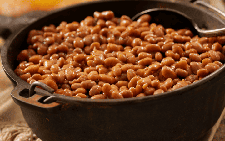 Large Cast Iron Pot full of Baked Beans