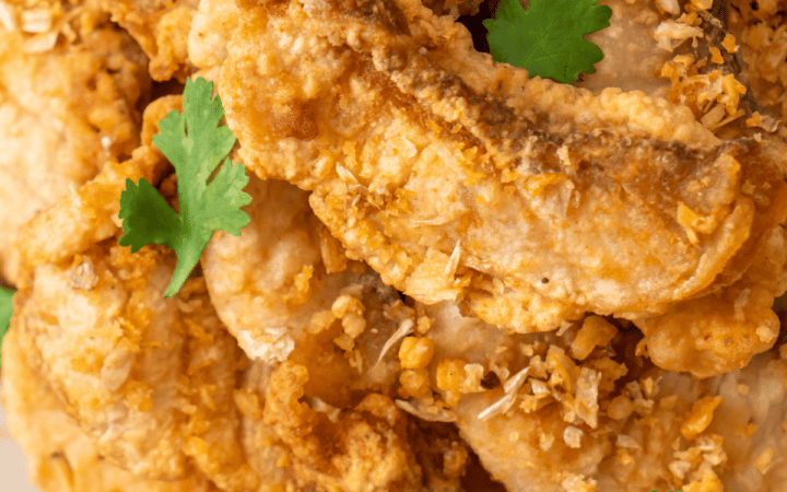 Overhead image of Fish Nuggets on a white plate