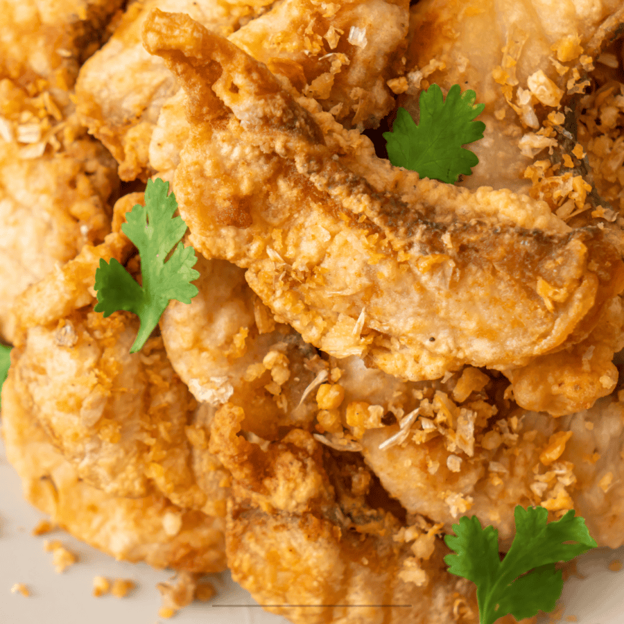 Overhead image of Fish Nuggets on a white plate