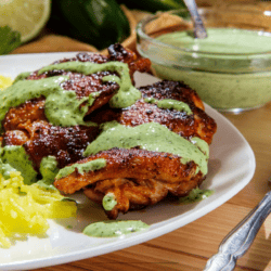 Close up image of Peruvian Chicken Thighs With Aji Verde