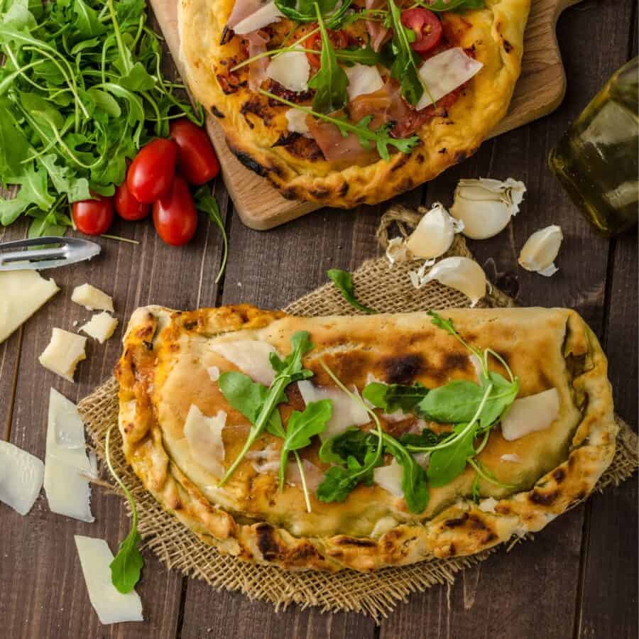 Overhead image of a garnished calzone