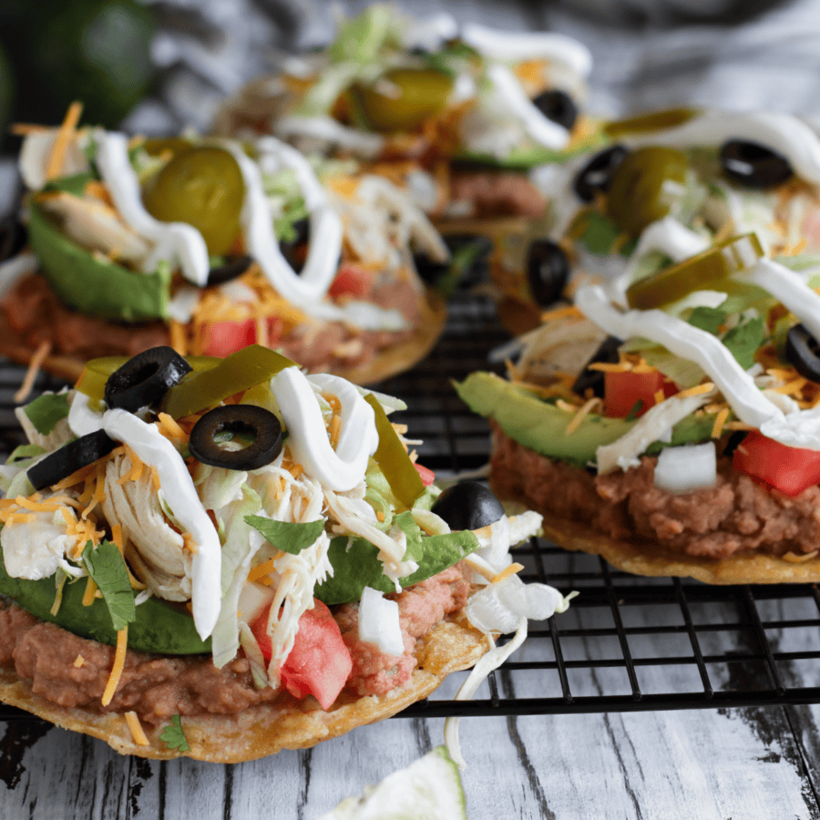 Mutliple Chicken Tostadas on a cooling rack