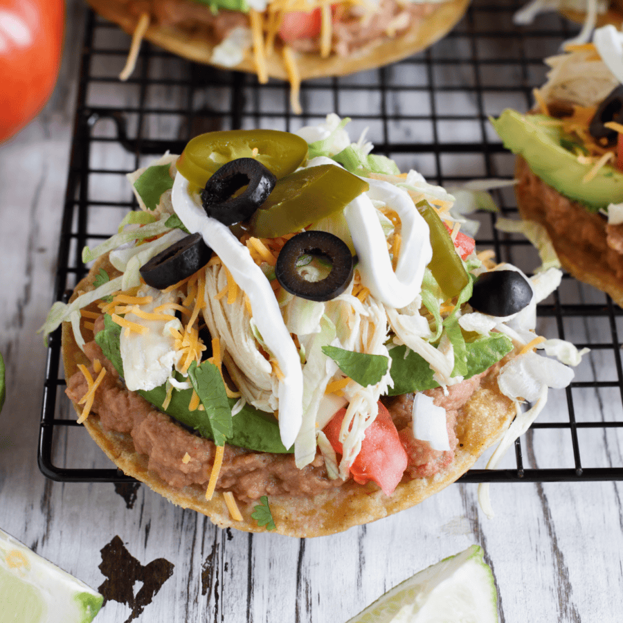 Close up image of Chicken Tostadas on a cooling rack