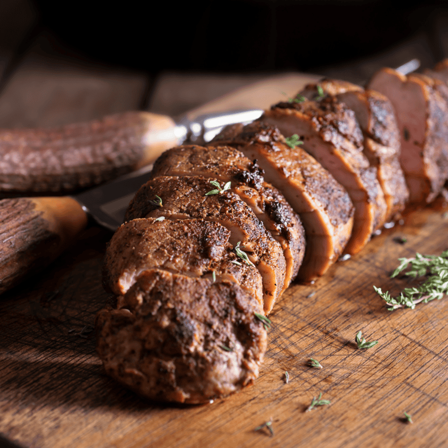 Close up image of a sliced grilled pork tenderloin on a wooden cutting board