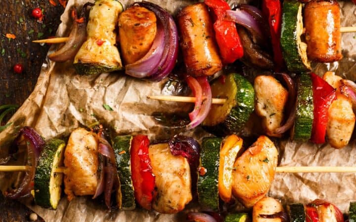 Overhead image of Pork Kabobs on parchment paper