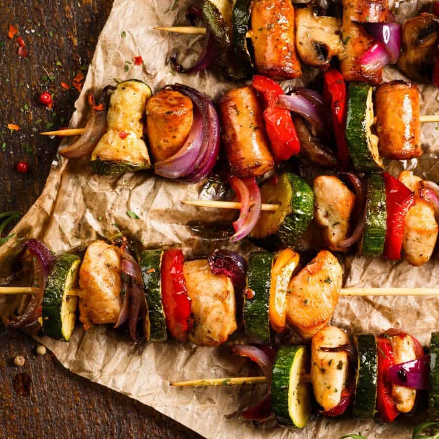 Overhead image of Pork Kabobs on parchment paper