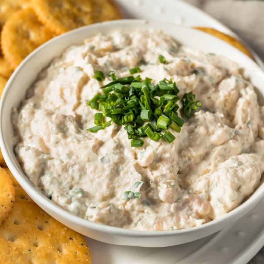 Smoked Tuna Dip in a bowl with crackers