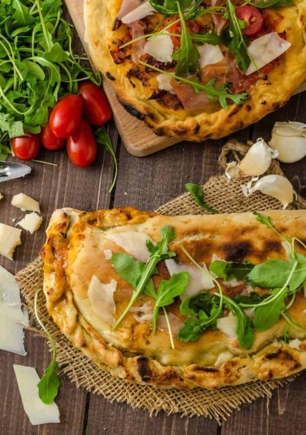 Overhead image of a garnished calzone