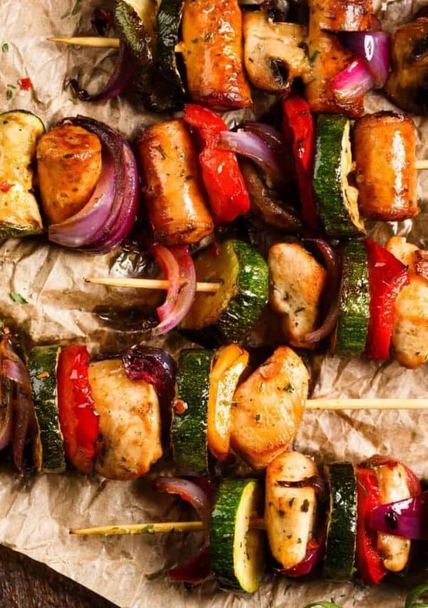 Overhead image of Pork Kabobs on parchment paper