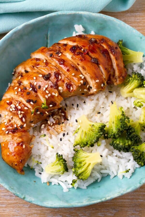 Overhead image of Baked Chicken Teriyaki with rice and broccoli