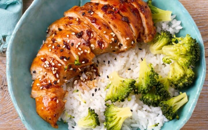 Overhead image of Baked Chicken Teriyaki with rice and broccoli