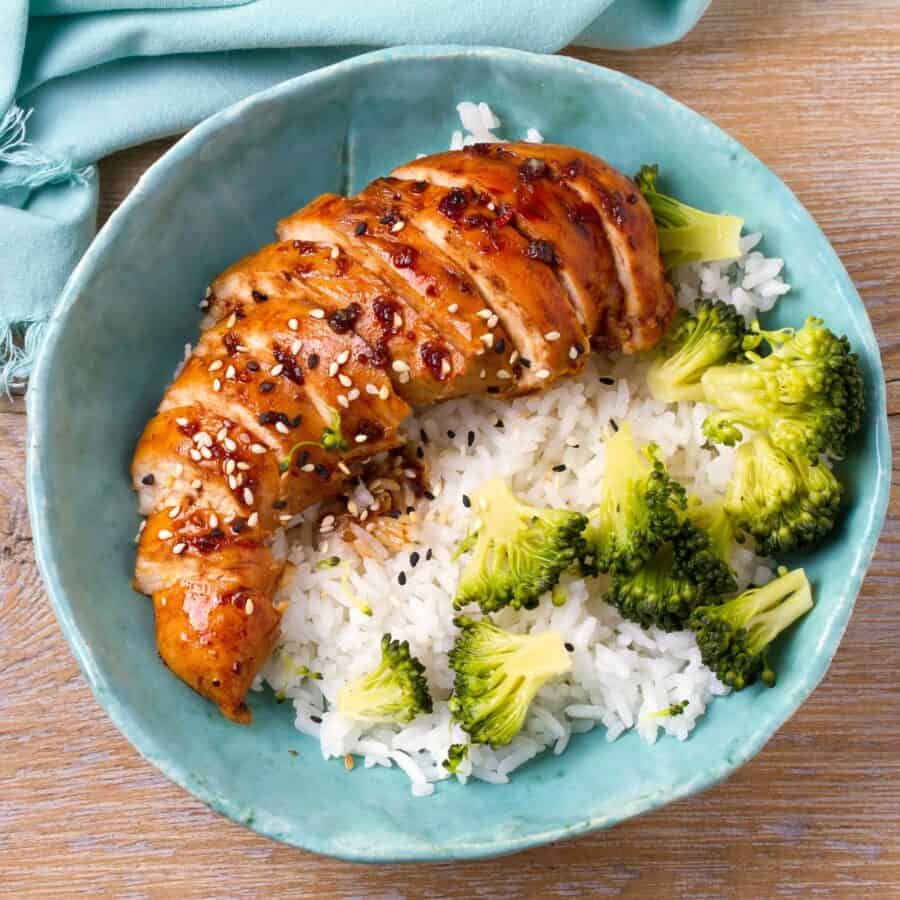 Overhead image of Baked Chicken Teriyaki with rice and broccoli