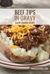 Beef Tips in Gravy Pin with text overlay