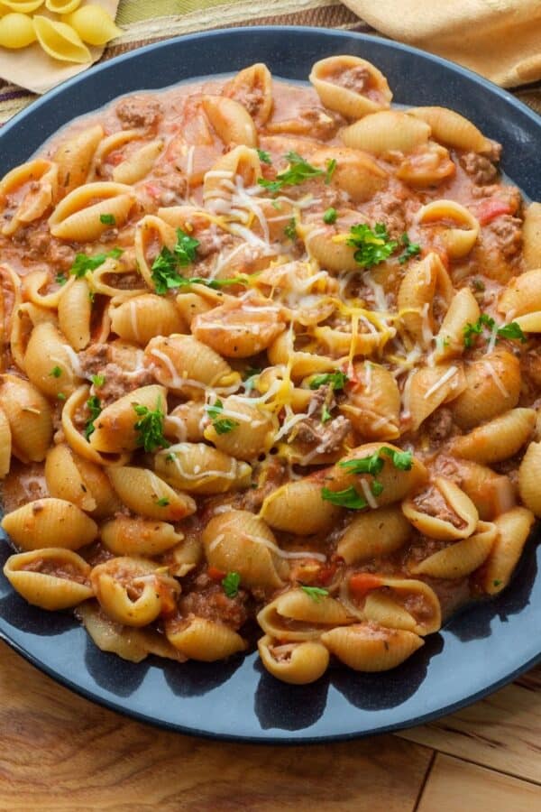 Creamy Beef and Shells on a plate