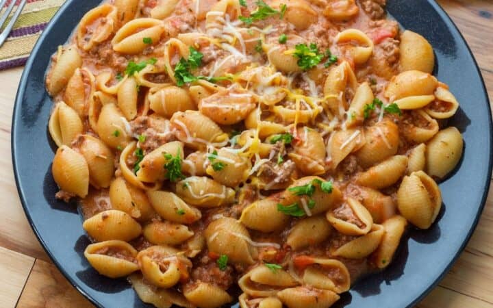 Creamy Beef and Shells on a plate