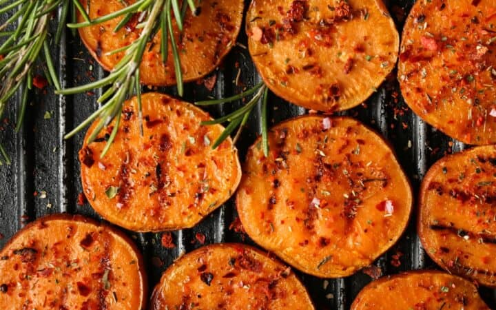 Overhead image of Grilled Sweet Potatoes with grill marks