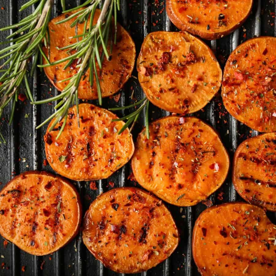 Overhead image of Grilled Sweet Potatoes with grill marks