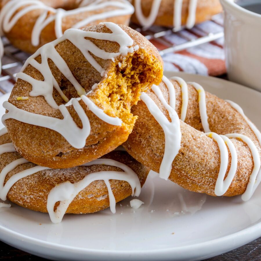 Close up image of Pumpkin Donuts on a white plate