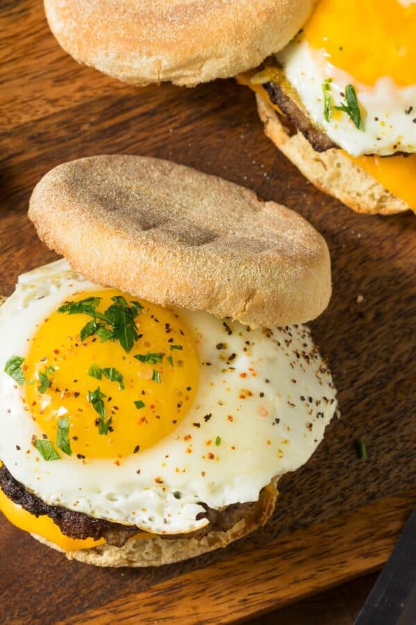 Overhead image of two Copycat Sausage McMuffin Sandwiches