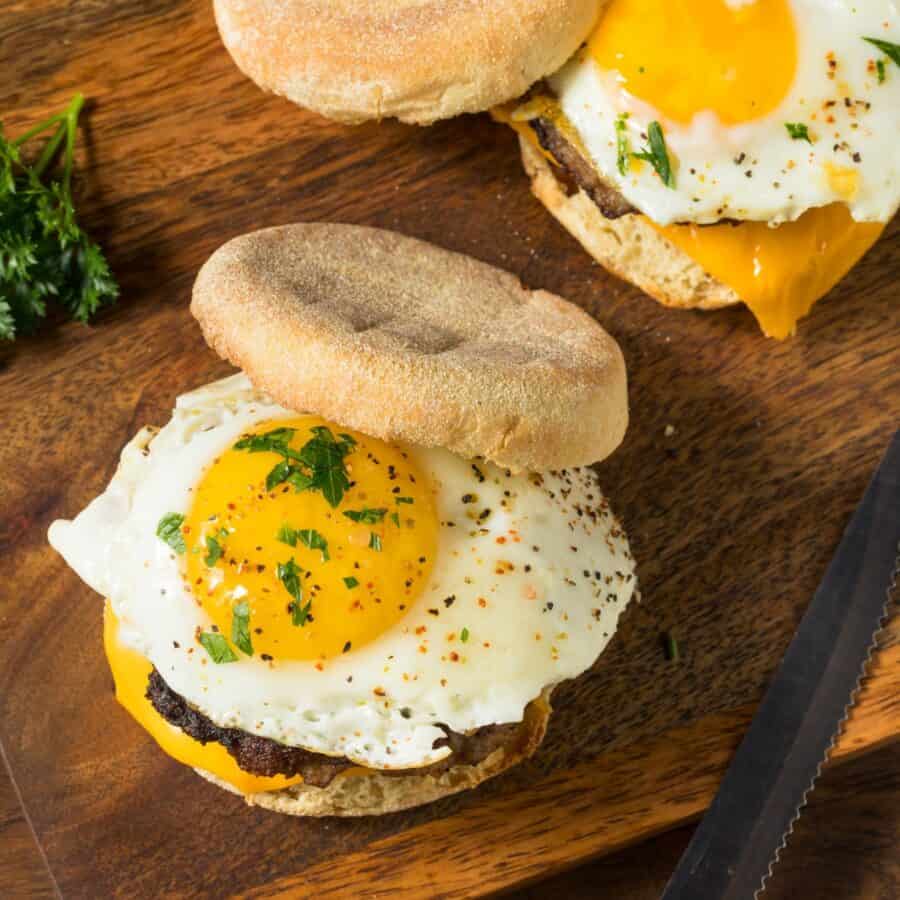 Overhead image of two Copycat Sausage McMuffin Sandwiches