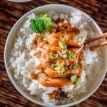 Overhead image of Slow Cooker Chicken Teriyaki in a white bowl with cooked rice - 8