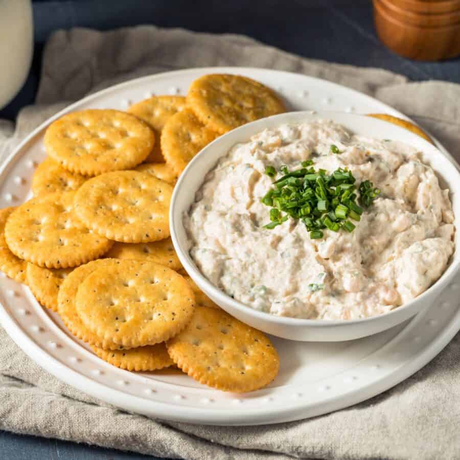 Overhead image of Smoked Tuna Dip with crackers for dipping