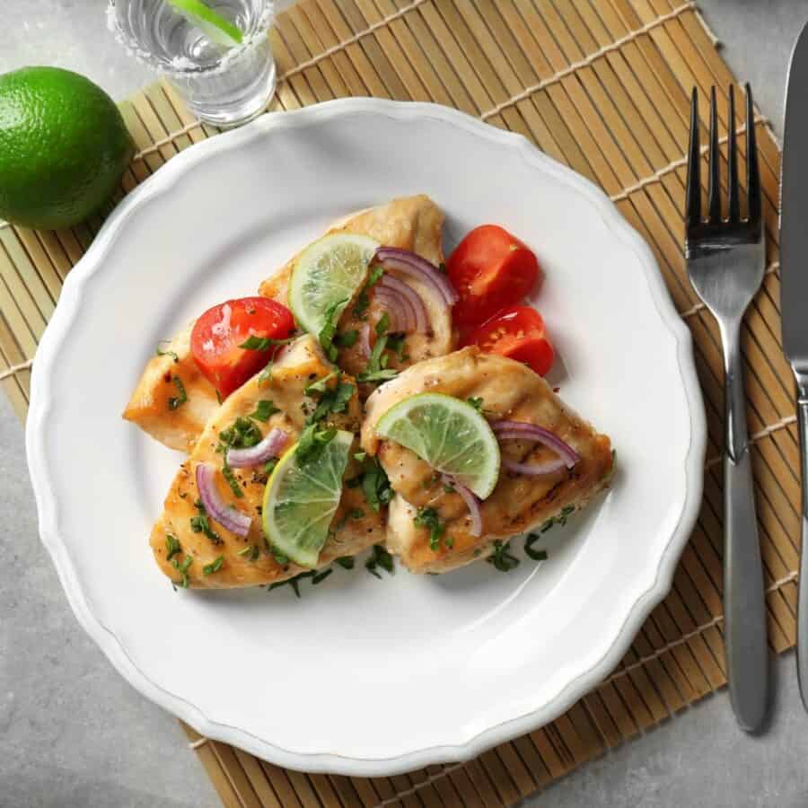 Overhead image of Tequila Lime Chicken on a white plate