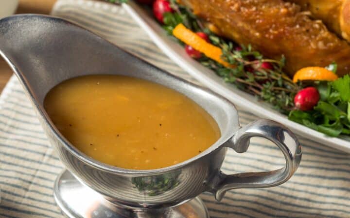 Overhead image of Turkey Gravy in a metal gravy boat