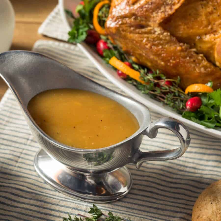 Overhead image of Turkey Gravy in a metal gravy boat