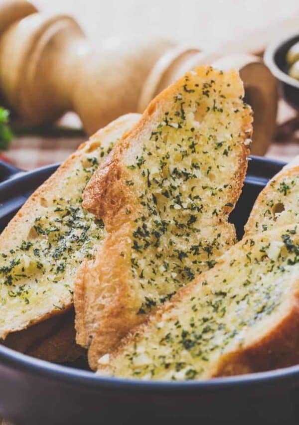 A bowl of air fryer garlic bread