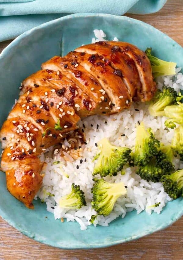 Overhead image of Baked Chicken Teriyaki with rice and broccoli