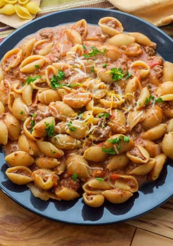 Creamy Beef and Shells on a plate