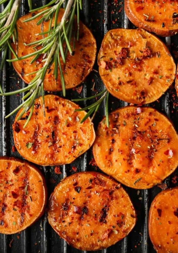 Overhead image of Grilled Sweet Potatoes with grill marks