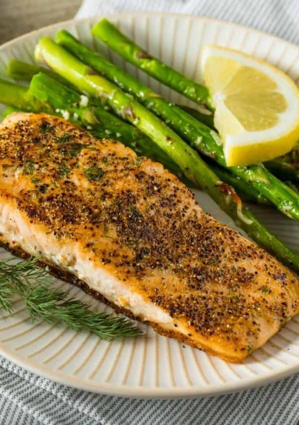Pan Seared Salmon on a white plate with asparagus