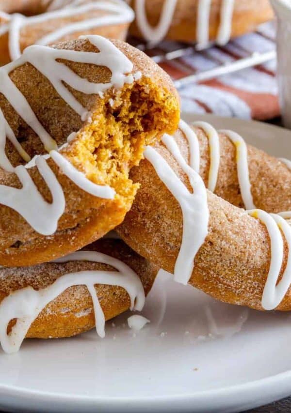 Close up image of Pumpkin Donuts on a white plate