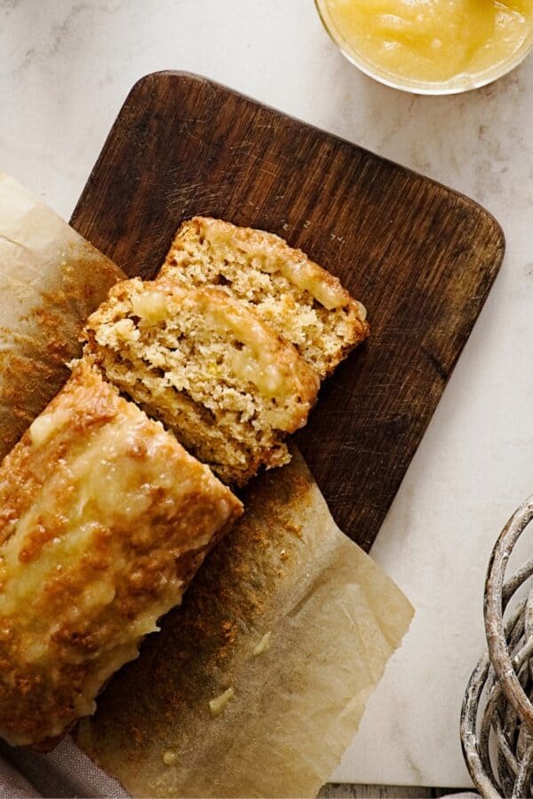 Overhead image of Applesauce Bread on a wooden cutting board