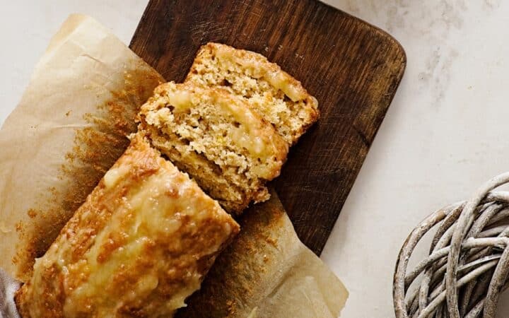 Overhead image of Applesauce Bread on a wooden cutting board