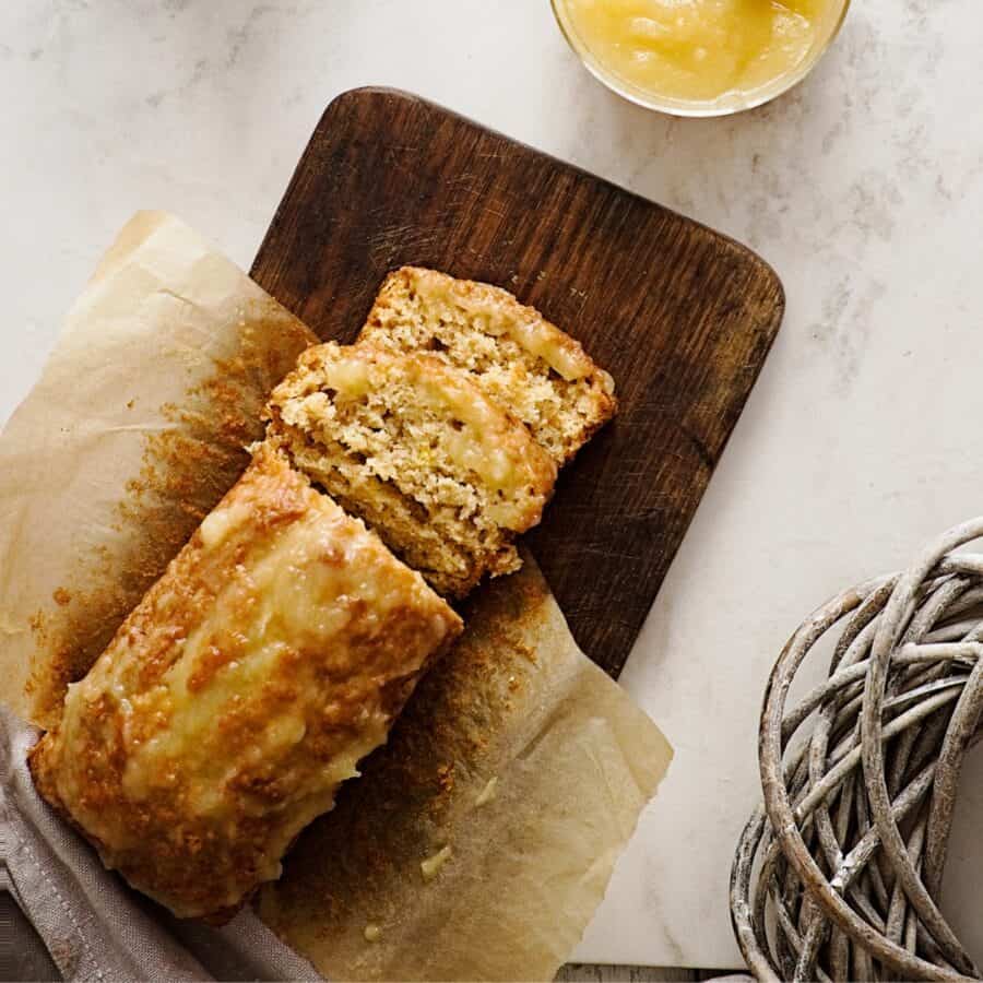 Overhead image of Applesauce Bread on a wooden cutting board