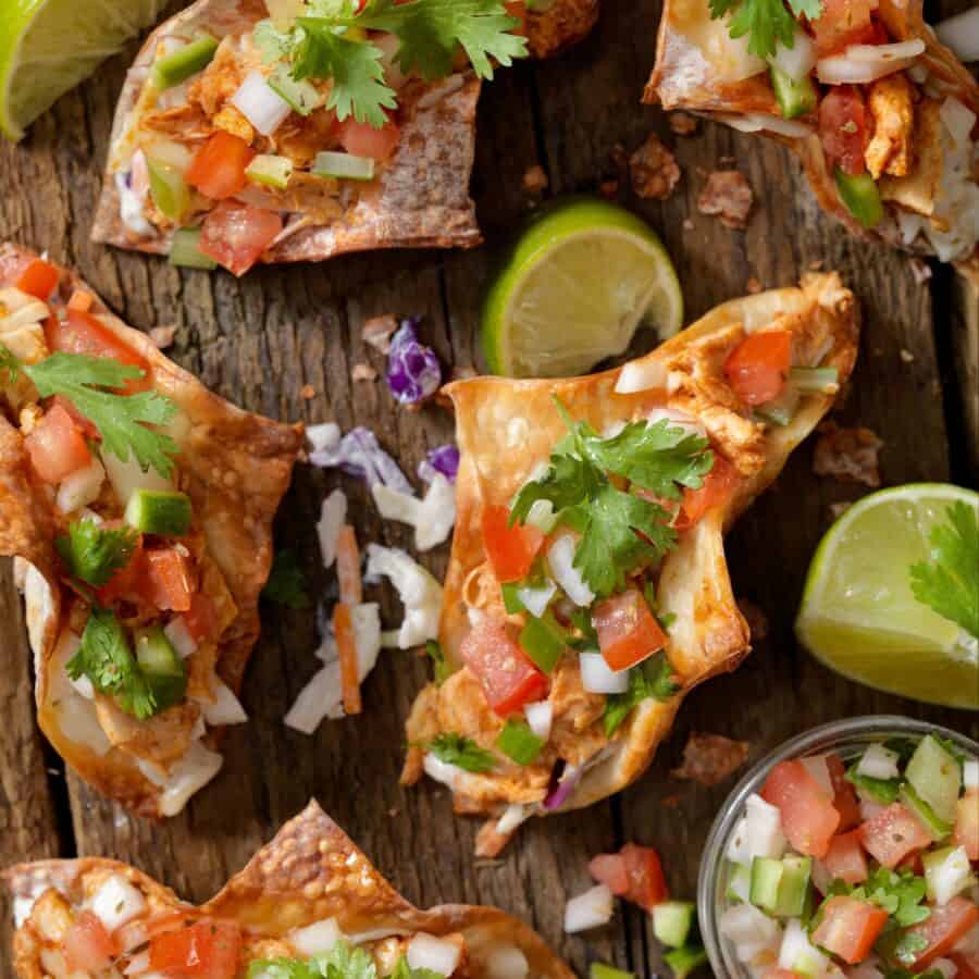 Overhead image of Chicken Wonton Tacos on a wooden board