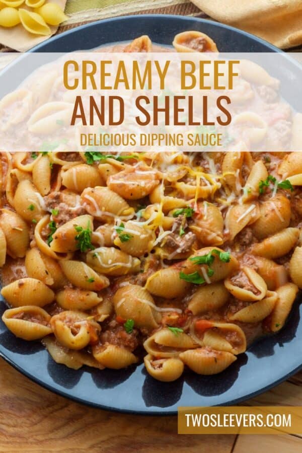 Creamy Beef and Shells Recipe Pin with text overlay