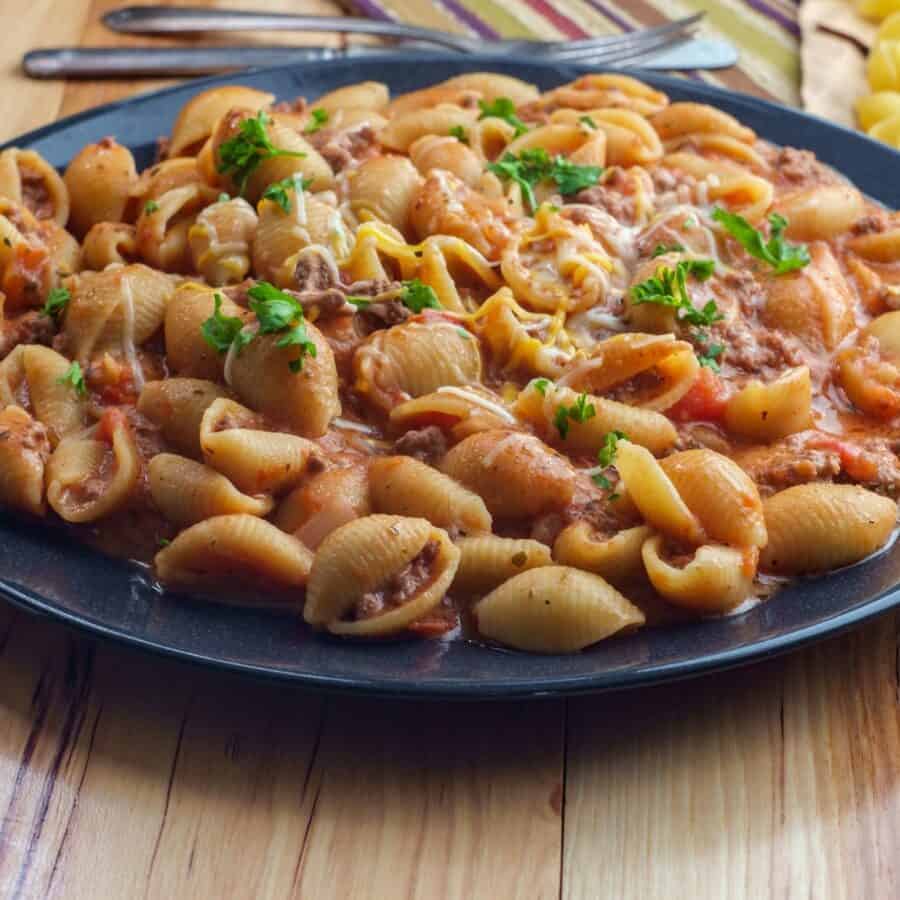 Close up image of Creamy Beef and Shells on a plate