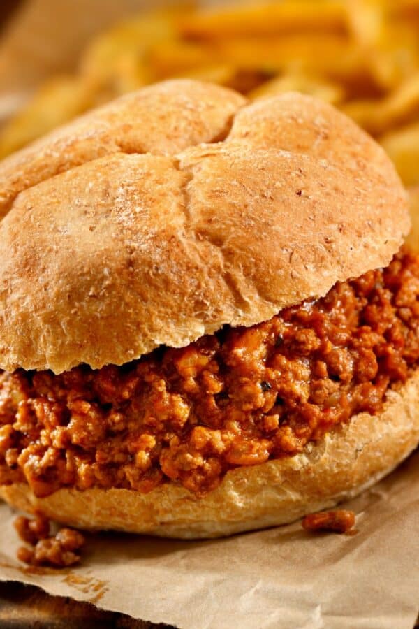 Close up image of Crock Pot Sloppy Joes on parchment paper