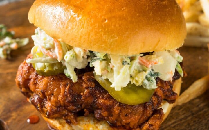 Nashville Hot Chicken Sandwich on a wooden cutting board