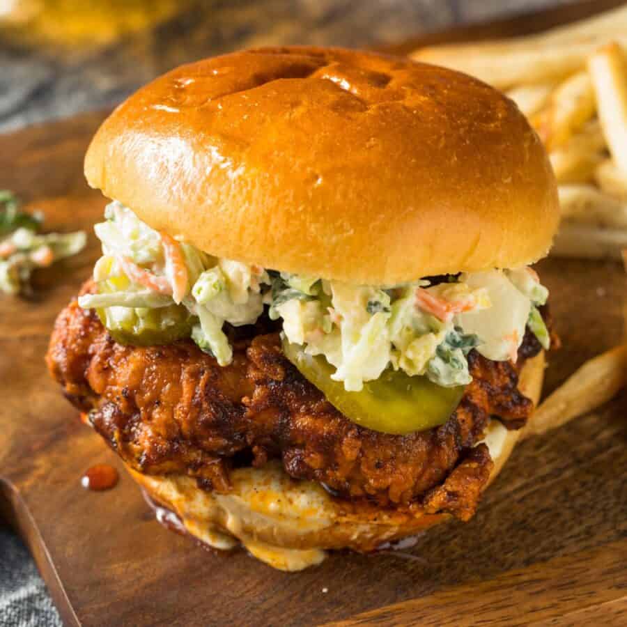 Nashville Hot Chicken Sandwich on a wooden cutting board