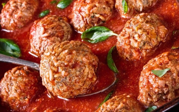 Close up image of Porcupine Meatballs in sauce