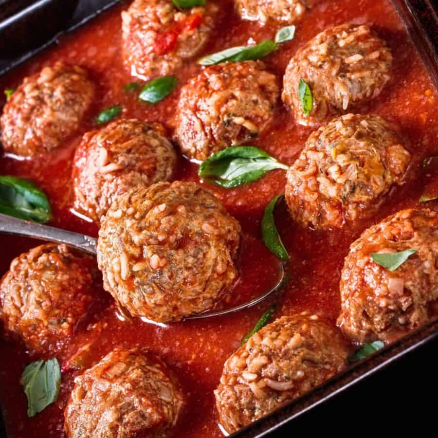 Close up image of Porcupine Meatballs in sauce