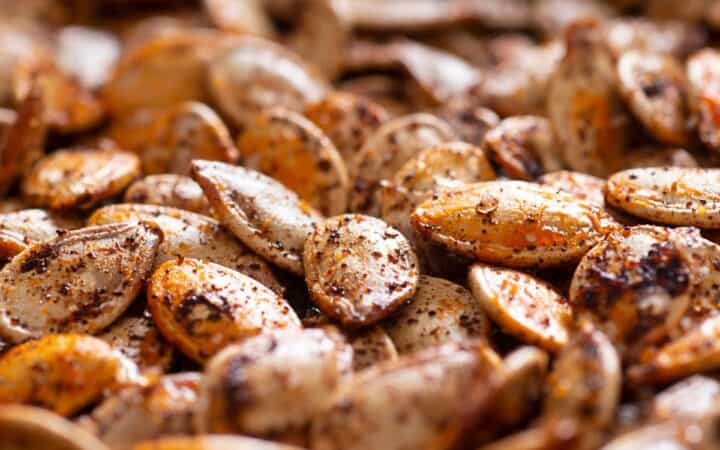 Close up image of roasted pumpkin seeds