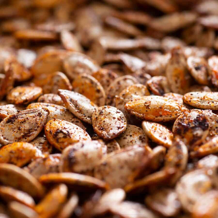 Close up image of roasted pumpkin seeds