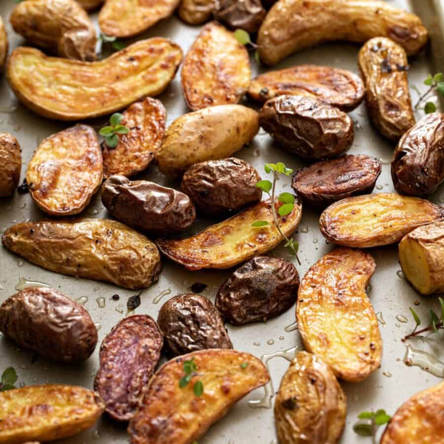 Close up image of sheet pan potatoes