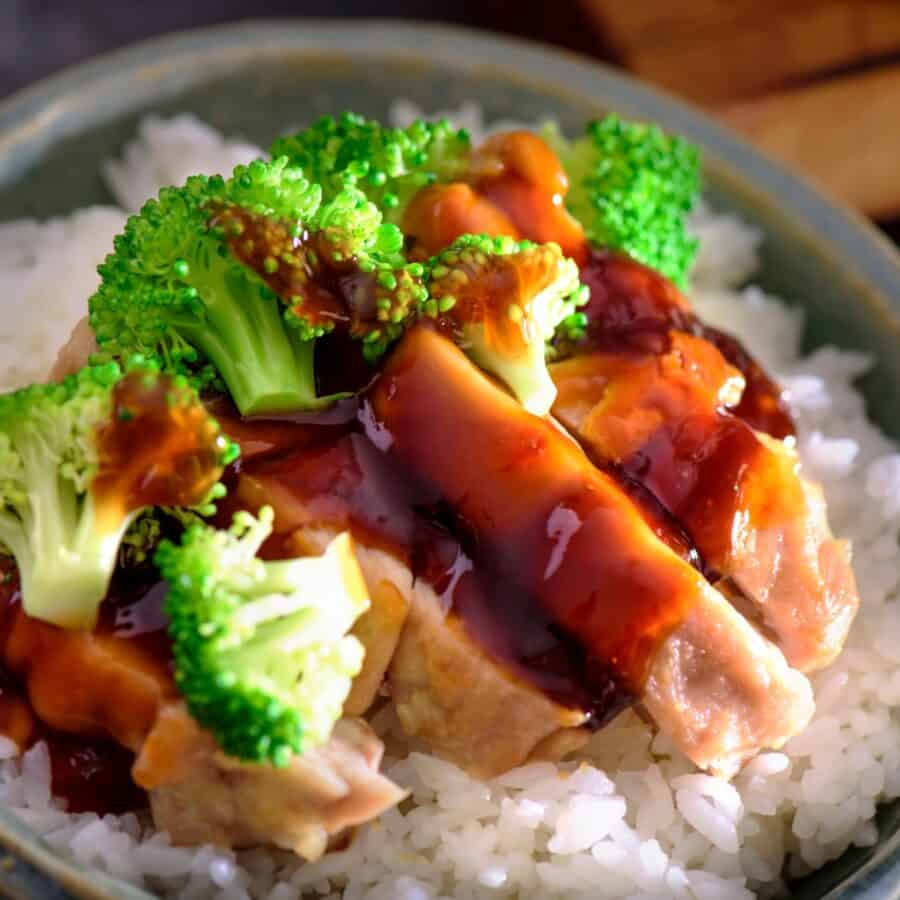 Close up image of Slow Cooker Chicken Teriyaki with white rice and broccoli